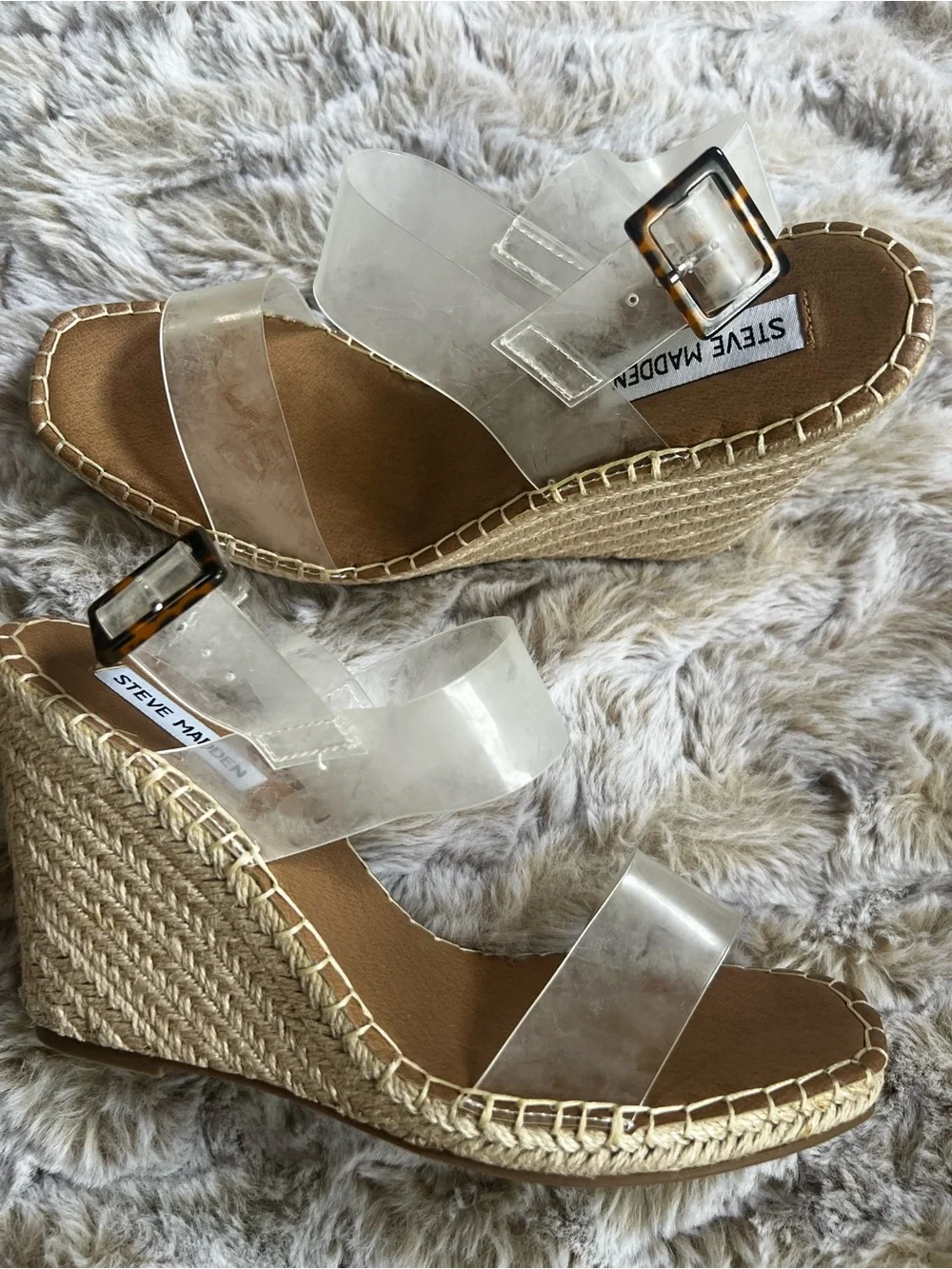 Steve Madden Clear Espadrille NEW wedge sandals with tortoise buckle. SZ 10